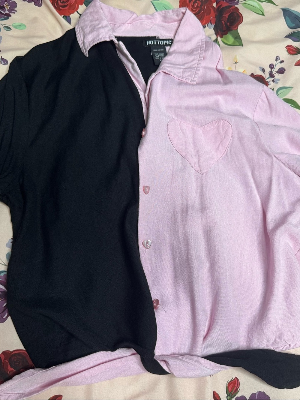 Hot Topic Two-Tone Black and Light Pink Heart Button Down Shirt